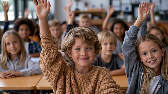 Kids raising hands in classroom during lesson time with teacher present