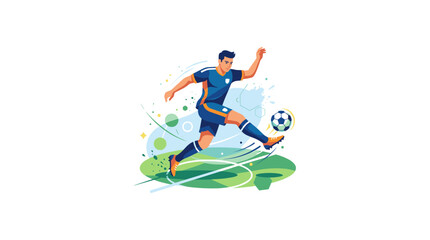 Obraz premium Soccer athlete playing ball on pitch in stylized graphic art composition with motion lines.