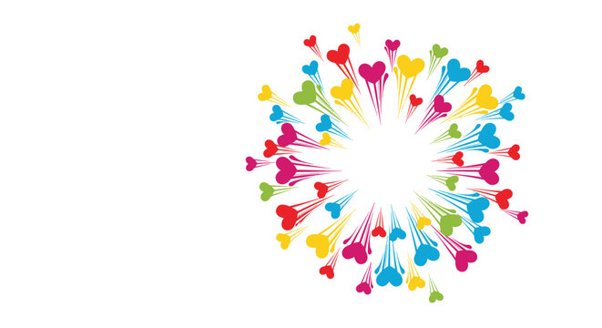 Vibrant explosion of colorful hearts in various sizes and hues radiating outward from a central point on a white background.
