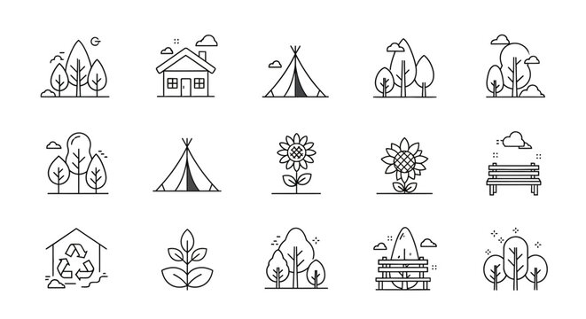 Camping icons with tents and trees.