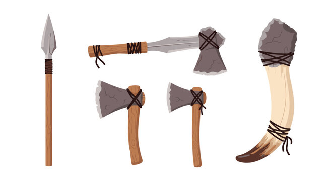 Collection of prehistoric survival tools includes a spear and several stone axes with wooden handles and leather bindings.
