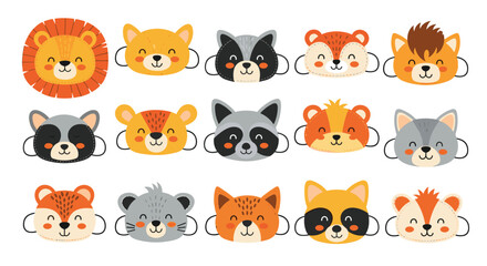 Fototapeta premium Selection of fifteen diverse cartoon animal face masks for children including lion bear fox raccoon and many more.