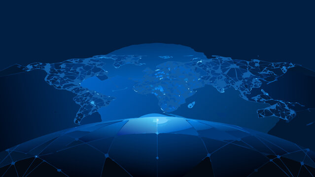 Stylized world map projection with network connections displayed in a dark blue gradient