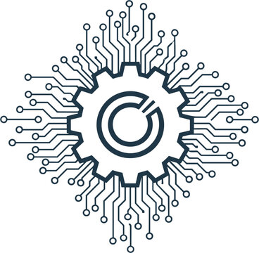 Conceptual Digital Gear Icon Representing Integrated Mechanical Engineering and Advanced Electronic Circuitry Connectivity