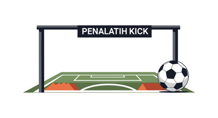 A flat illustration of a soccer field viewed from an angle with a ball. © MST