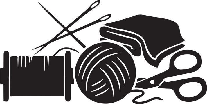 Black silhouette of sewing and knitting tools, including yarn