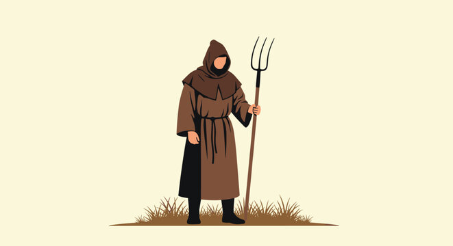 Lone medieval peasant or monk wearing a brown hooded tunic and holding a large wooden pitchfork while standing on dry grass.