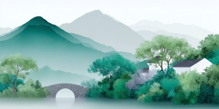 houses and bridges in the distance, green mountains next to them, colorful colors, light gray sky, white background