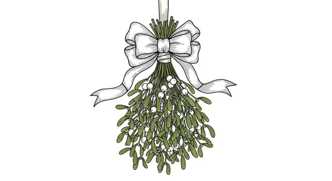 Beautiful vintage style illustration of a bunch of mistletoe with white berries tied with a large decorative ribbon and bow.