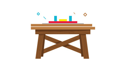 Fototapeta premium Sturdy brown wooden workshop table or workbench with several colorful blue and yellow geometric blocks on the top surface.