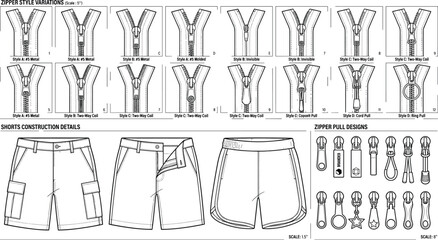 Men shorts construction details vector template set featuring zipper style variations pull designs and fashion flat sketches © Md Atiar Rahman