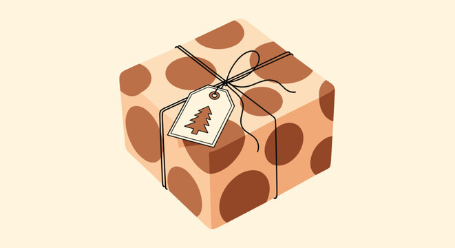 Brown polka dot gift box wrapped with twine and a pine tree tag stands against a neutral cream background for the holidays.
