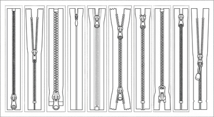 Zipper types and style variations vector set featuring open closed metal invisible and two way zippers line art illustration collection © Smith Rasel