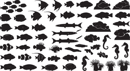 Diverse Marine Life Silhouettes: Tropical Fish, Sharks, Seahorses, and Coral Reef Elements, Vector Collection for Aquatic Design © Rashidul