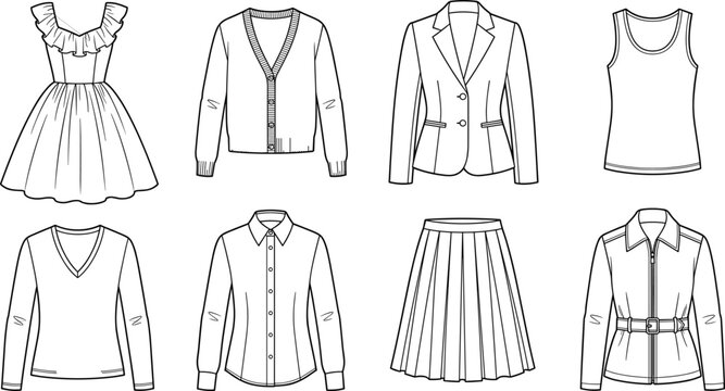 Women fashion clothing technical flat sketches set featuring dress blazer jacket shirt skirt and cardigan apparel design templates