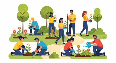 Fototapeta premium Illustration of diverse people planting flowers and gardening in a park with trees and colorful blooms, conveying a sense of community and environmental care.