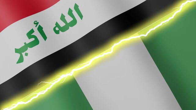 Two waving flags Iraq and Nigeria with diagonal lightning seamless, 4k loop