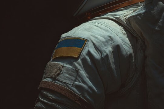 Ukrainian space suit worn by astronaut showing flag patch on arm during mission in outer space