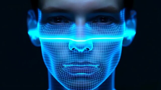 Futuristic facial recognition technology with digital grid overlay for security analysis