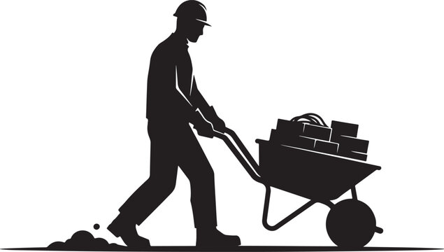 Silhouette of a construction worker pushing a loaded