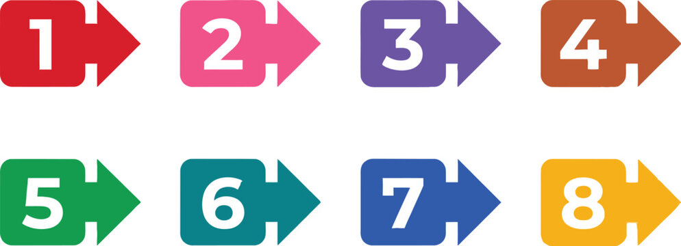 Set of eight colorful square buttons with numbers and arrows for navigation and infographic design