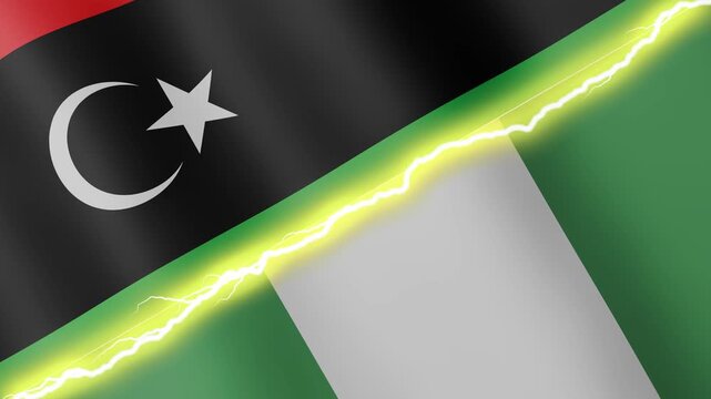Two waving flags Libya and Nigeria with diagonal lightning seamless, 4k loop