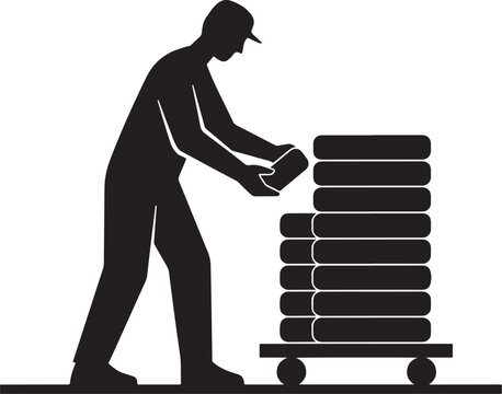 Silhouette of a man loading a pallet of tires onto a cart
