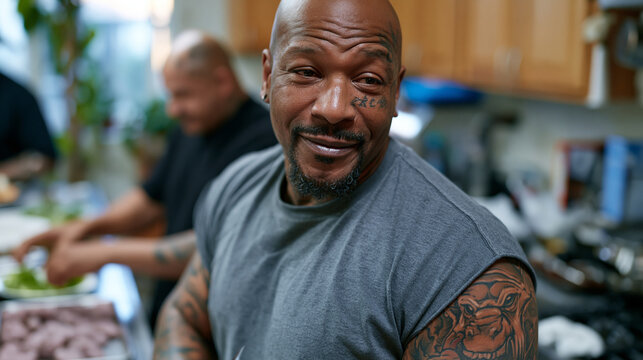 Group of formerly incarcerated men in a structured sober living house kitchen preparing a meal together, addiction recovery housing, reentry support program, community reintegration, substance use r