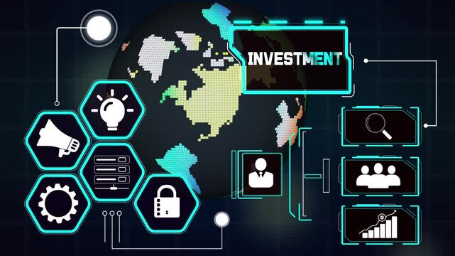 Investment portfolio metrics displayed over an advanced global network screen, modern hud icons visualizing asset allocation