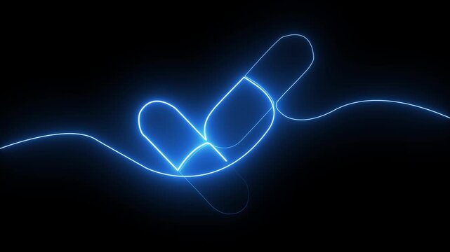 Glowing blue neon line art of medical capsule pills loop on black background