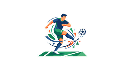 Fototapeta premium Soccer player kicking ball with abstract colorful geometric shapes background.
