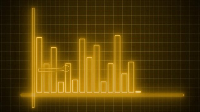 Glowing neon bar chart vertical and horizontal axes, soft halo glow stylized futuristic data visualization animation