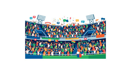 Energetic crowd cheering at sports match with colorful flags and stadium lighting effects. © MSTSAFIYA