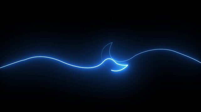 Glowing blue neon crescent moon shape with continuous line