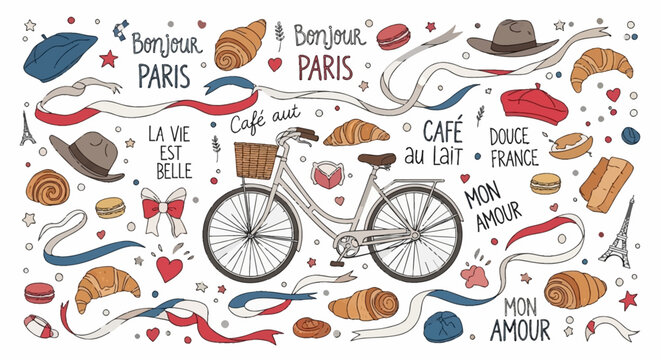 A charming illustration of Parisian life, featuring a bicycle, croissants, macarons, hats, and French phrases.