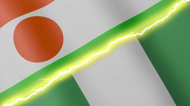 Two waving flags Niger and Nigeria with diagonal lightning seamless, 4k loop