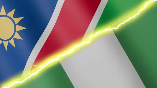 Two waving flags Namibia and Nigeria with diagonal lightning seamless, 4k loop