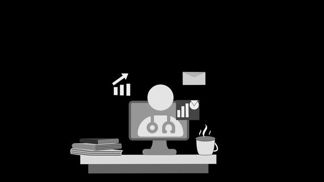 Flat animation of a telemedicine desk setup computer monitor showing a doctor icon