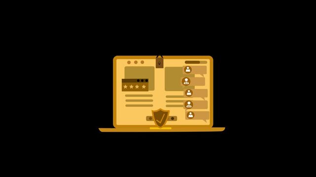 Flat animation of a laptop with a chat sidebar and shield icon