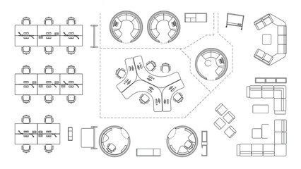 Fototapeta premium Top View Modular Hybrid Office Layout Architectural CAD Blocks Vector Set for Smart Workplace Design Planning and Interior Space Organization