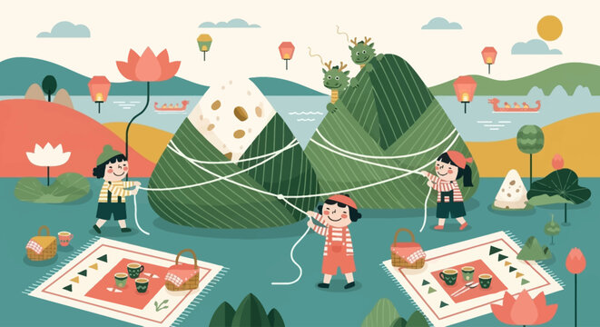 Children preparing traditional Chinese Zongzi for the Dragon Boat Festival, surrounded by festive lanterns and dragon boats.
