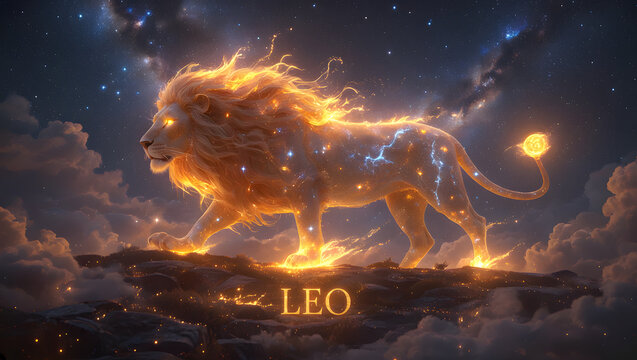 Leo zodiac sign fantasy concept art. A majestic full body lion made of glowing golden fire and starry constellations, walking on night clouds against a deep cosmic milky way background