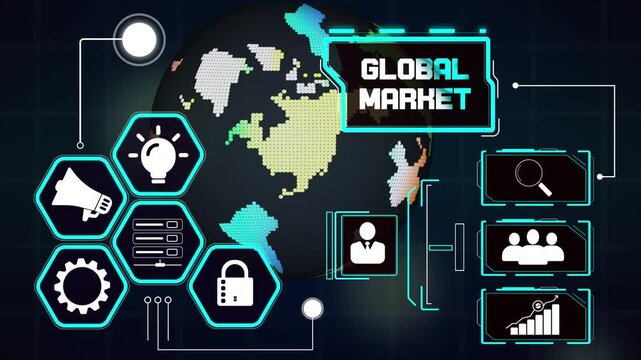 Global market ecosystem screen outlining multinational consumer reach, interactive hud interface for corporate traders