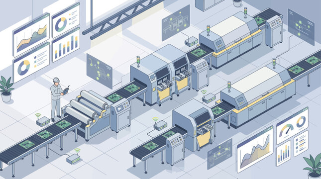 Isometric smart factory production line with automated robotic machinery and digital data dashboard for electronic manufacturing industry