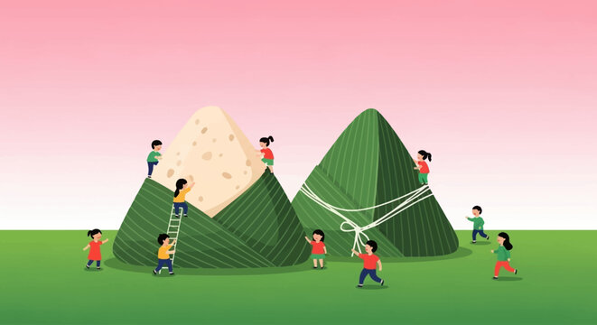 Tiny people are busy making and decorating two giant zongzi, traditional Chinese rice dumplings, on a grassy field.