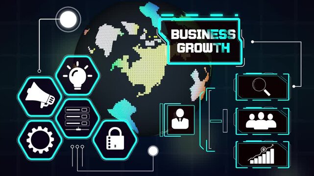 Business growth acceleration terminal showing development milestones, abstract global communication grid for enterprise leaders