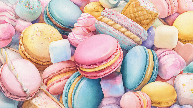Watercolor illustration of pastel sweets in full frame composition, dense overlapping candies, macarons, marshmallows and desserts with soft pastel pink, blue and yellow tones.