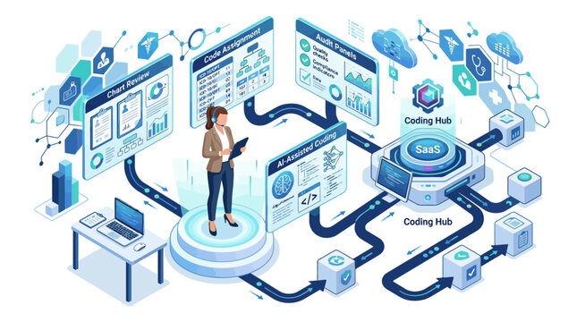 Isometric illustration of AI assisted software development and medical data analysis with professional analyst working on digital coding hub platform for corporate cloud computing and business