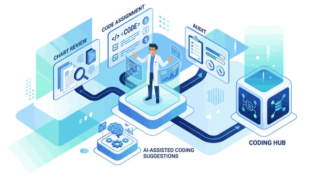 Isometric AI software development illustration with programmer interface and data flow for digital transformation and tech business presentation