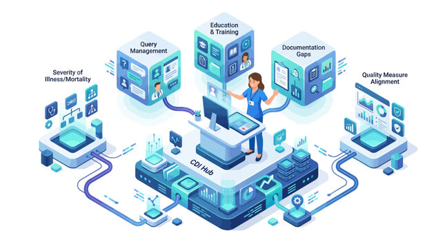 Isometric Clinical Documentation Improvement CDI hub medical data analysis infographic with healthcare professional managing digital health records and hospital quality metrics in a modern blue tech